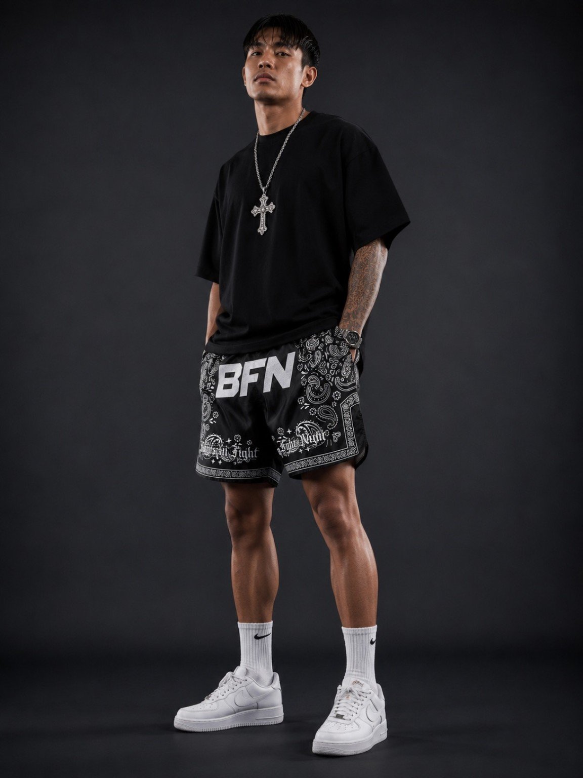 BFN athlete wearing black fight shorts as streetwear